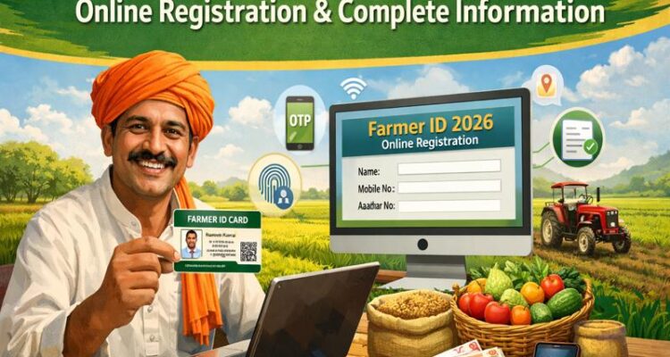 Indian farmer holding Farmer ID card using laptop for online registration 2026
