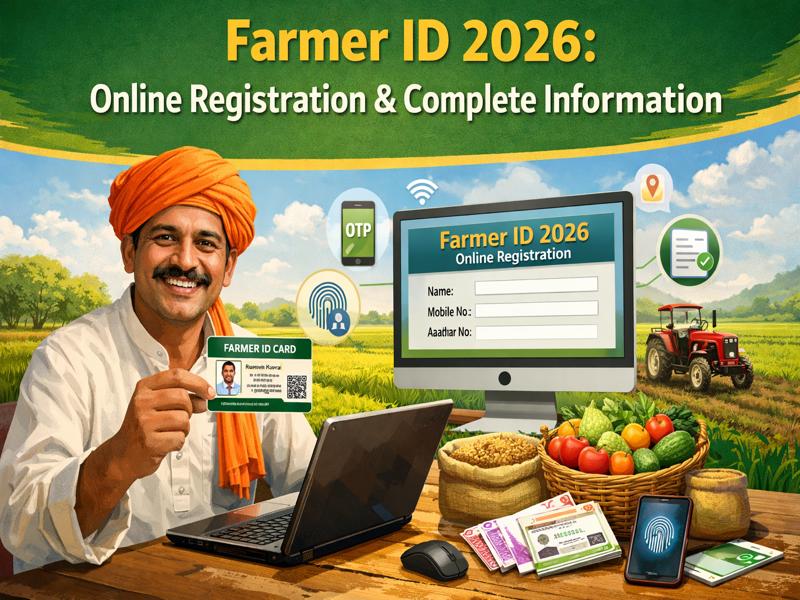 Indian farmer holding Farmer ID card using laptop for online registration 2026