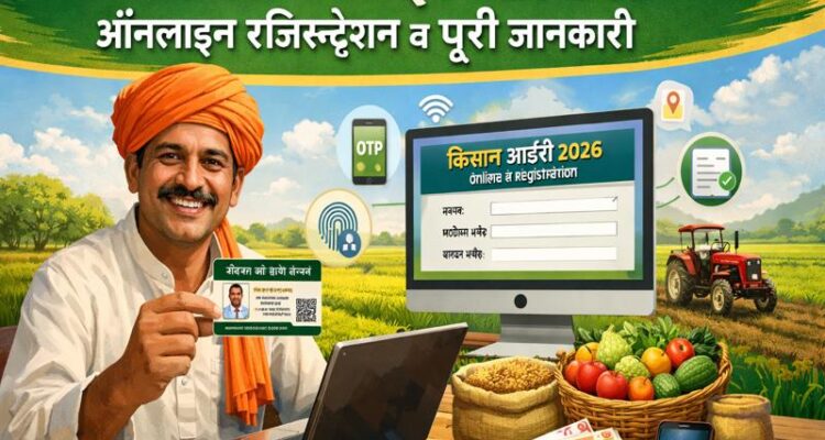 Indian farmer showing Kisan ID card with laptop for online registration 2026