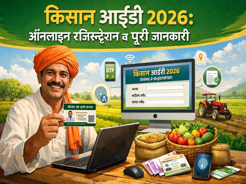Indian farmer showing Kisan ID card with laptop for online registration 2026