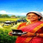 Indian women farmer using drone in field under Namo Drone Didi Yojna