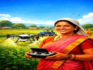 Indian women farmer using drone in field under Namo Drone Didi Yojna