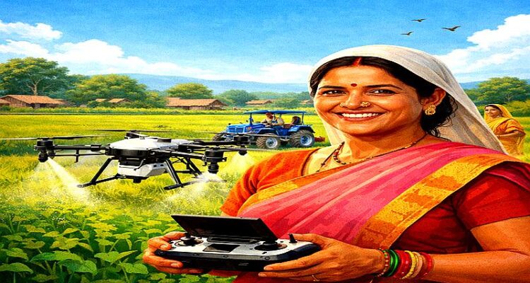 Indian women farmer using drone in field under Namo Drone Didi Yojna