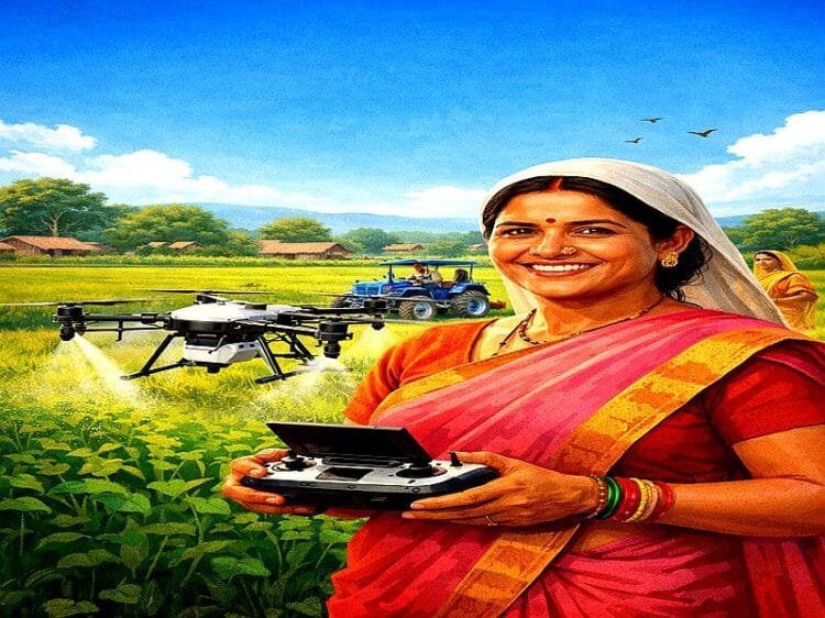 Indian women farmer using drone in field under Namo Drone Didi Yojna