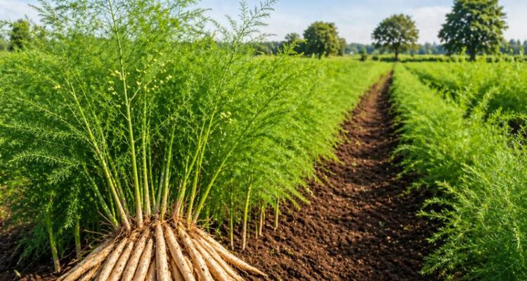 Healthy asparagus crop growing in Indian farm field cultivation