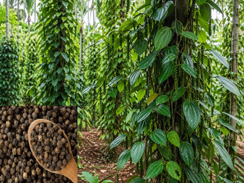 Black pepper farming in India with green pepper vines and cultivation view