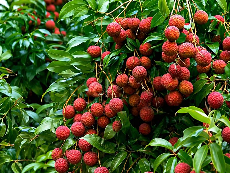 Litchi farming orchard with ripe lychee fruits ready for harvest