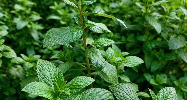 Mint farming field with healthy green pudina crop ready for harvest