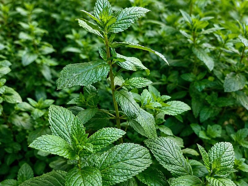 Mint farming field with healthy green pudina crop ready for harvest