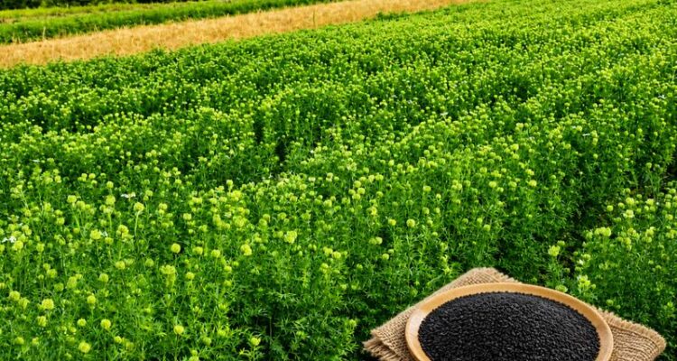 Healthy Nigella seeds (kalonji) crop growing in farm field