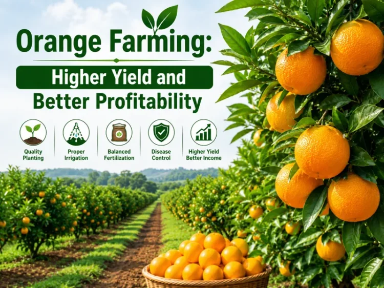Orange farming field with healthy fruits for higher yield and profit