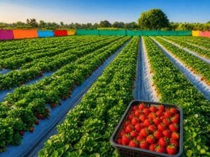 Strawberry farming in India with healthy plants and ripe fruits