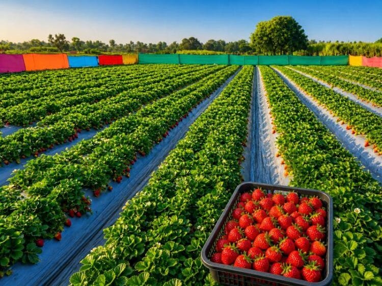 Strawberry farming in India with healthy plants and ripe fruits