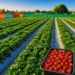 strawberry ki kheti ka khet aur fresh strawberry tray image