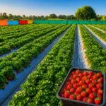 strawberry ki kheti ka khet aur fresh strawberry tray image