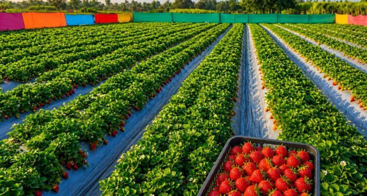 strawberry ki kheti ka khet aur fresh strawberry tray image