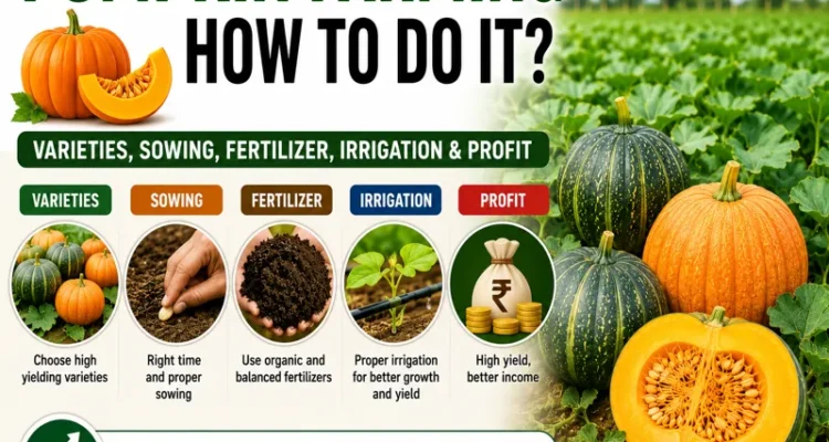 Pumpkin farming in India with healthy crop in a commercial field