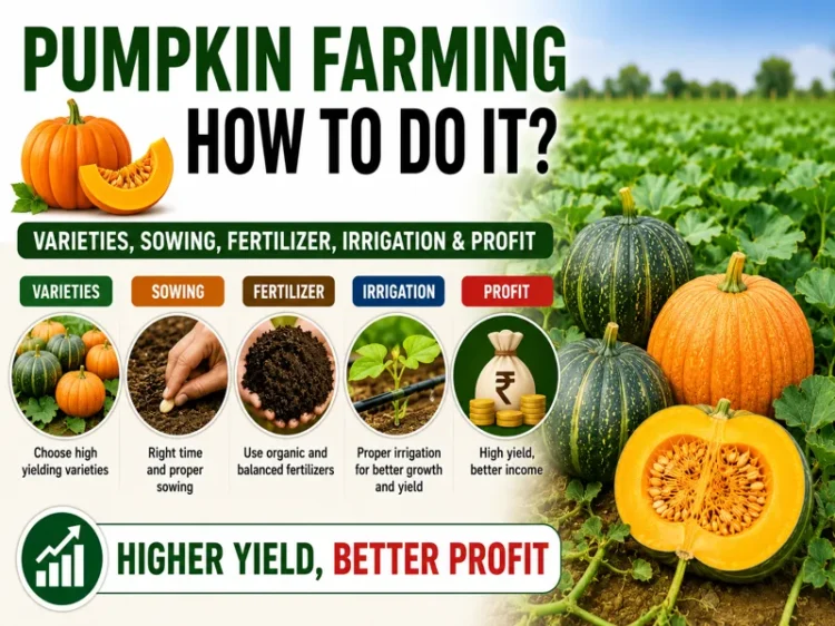 Pumpkin farming in India with healthy crop in a commercial field