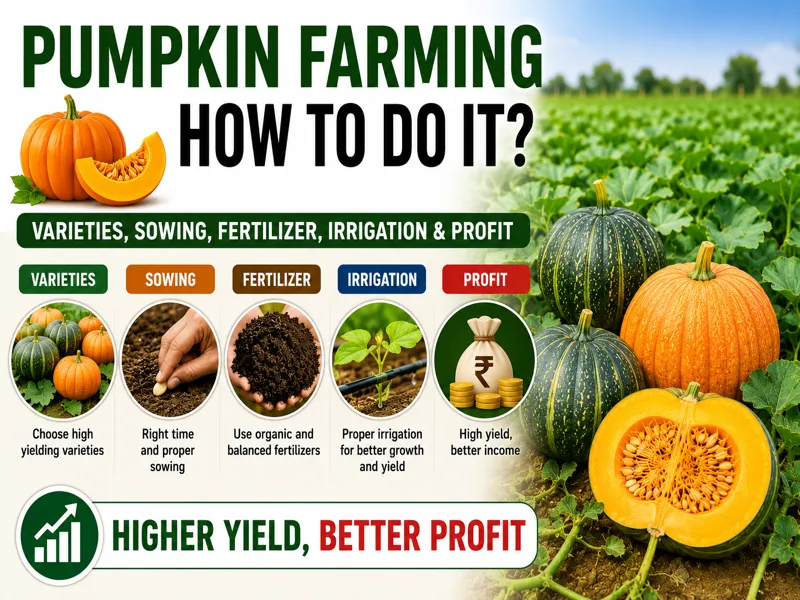 Pumpkin farming in India with healthy crop in a commercial field