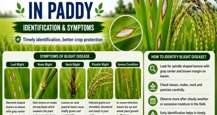 Blight disease in paddy showing symptoms on rice leaves