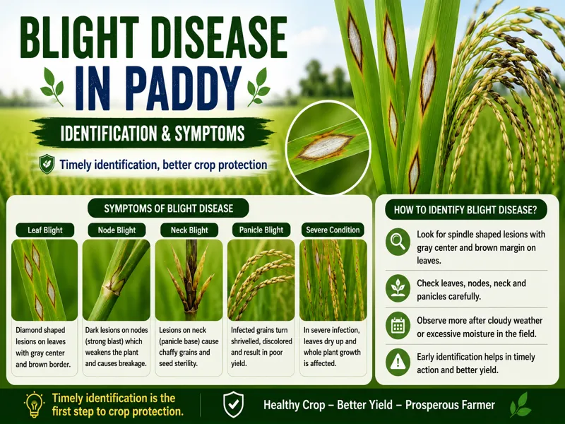 Blight disease in paddy showing symptoms on rice leaves
