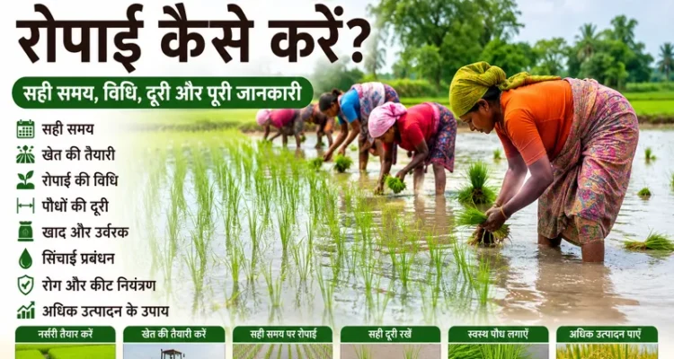 Dhan ki ropai ka sahi tarika, samay aur paudhon ki doori dikhata khet