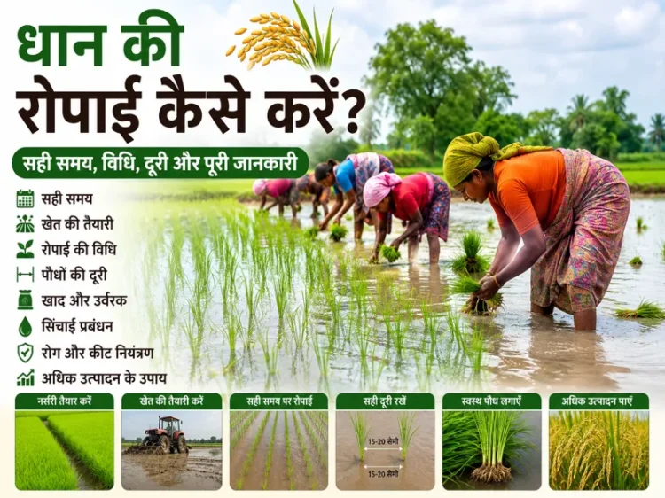 Dhan ki ropai ka sahi tarika, samay aur paudhon ki doori dikhata khet
