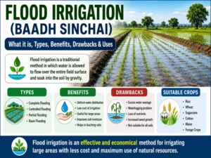 Flood Irrigation method in agriculture showing water flow across a field
