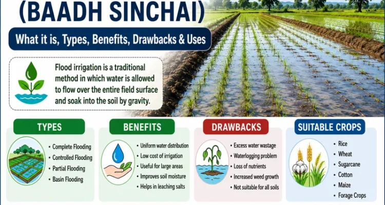 Flood Irrigation method in agriculture showing water flow across a field