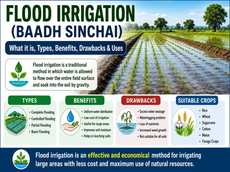 Flood Irrigation method in agriculture showing water flow across a field
