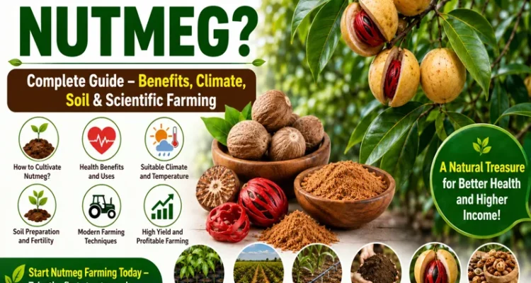 Nutmeg Farming guide showing healthy nutmeg trees and cultivation practices