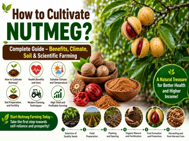 Nutmeg Farming guide showing healthy nutmeg trees and cultivation practices
