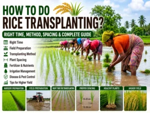 Paddy transplantation process in a rice field with healthy seedlings