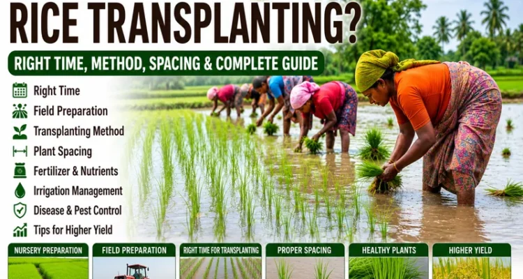 Paddy transplantation process in a rice field with healthy seedlings