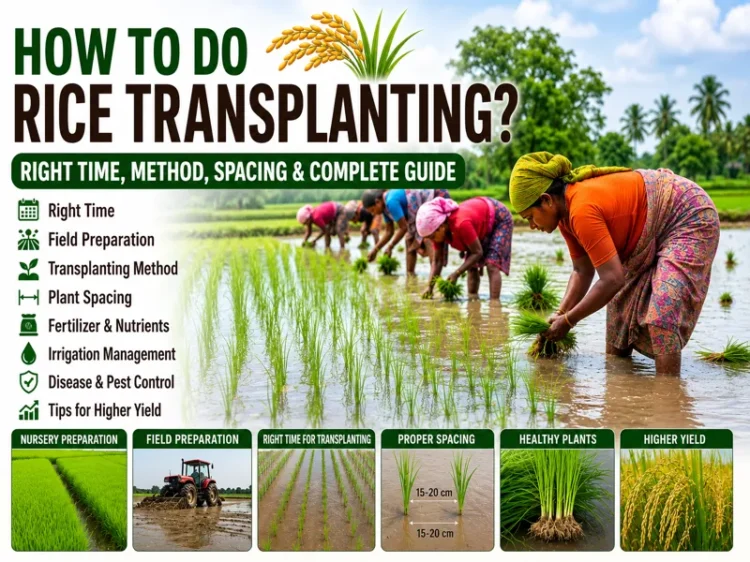 Paddy transplantation process in a rice field with healthy seedlings