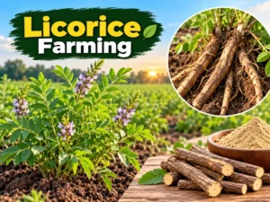 Licorice farming cultivation with green plants and harvested roots