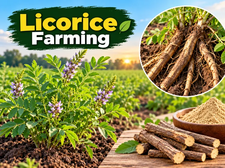 Licorice farming cultivation with green plants and harvested roots