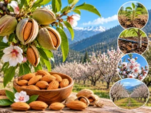Almond farming guide showing almond trees and growing conditions